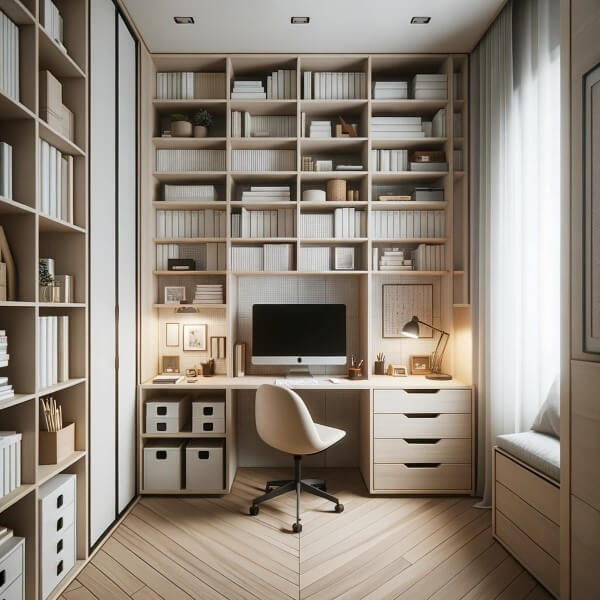 Leeres Arbeitszimmer mit modernem Schreibtisch und Regale bis an die Decke