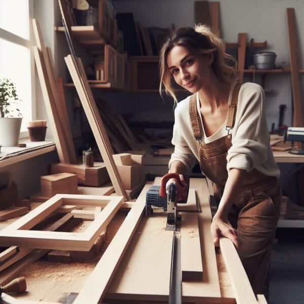Heimwerker Frau sägt Holz in ihrer Holzwerkstatt