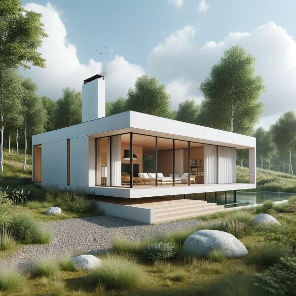 Ein sehr kleines, einstöckiges, minimalistisches modernes Passivhaus in einer grünen Umgebung