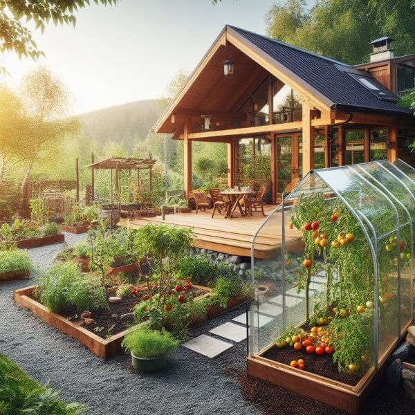 Gewächshaus in einem permakulturellen Garten neben einem Smart Home
