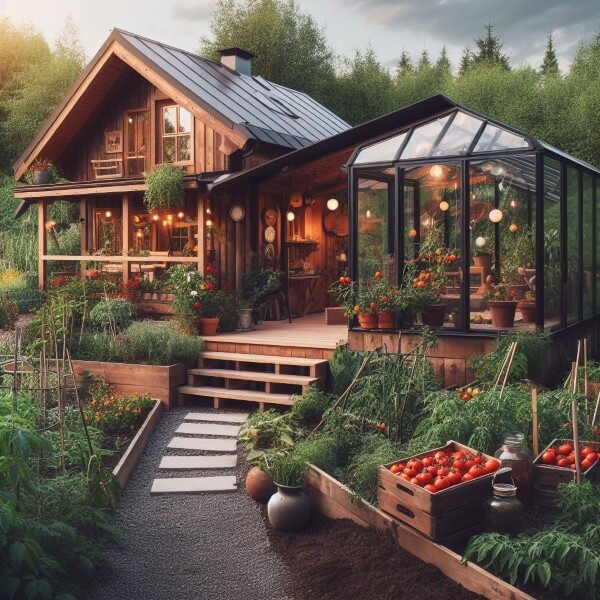 Permakultur Garten neben einem modernen Smart Home