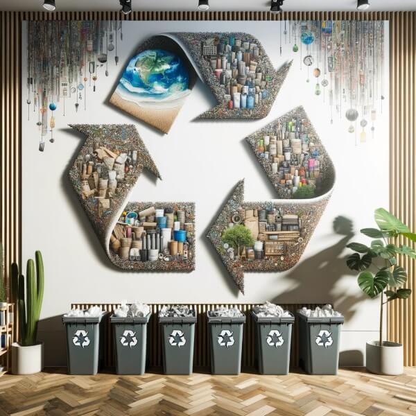 Recycling Mülleimer unter einem großen Recyclingschild