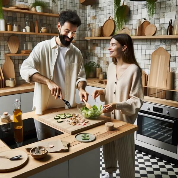 Ein Paar kocht in der Küche auf recycelten Materialien und nachhaltigen Möbeln.