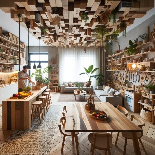 Moderne nachhaltige Wohnung mit Möbeln aus Recyclingmaterialien