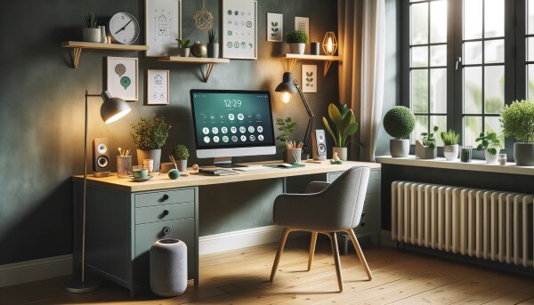 Nachhaltiges und Modernes Arbeitszimmer mit Smart Home Entertainment Geräten