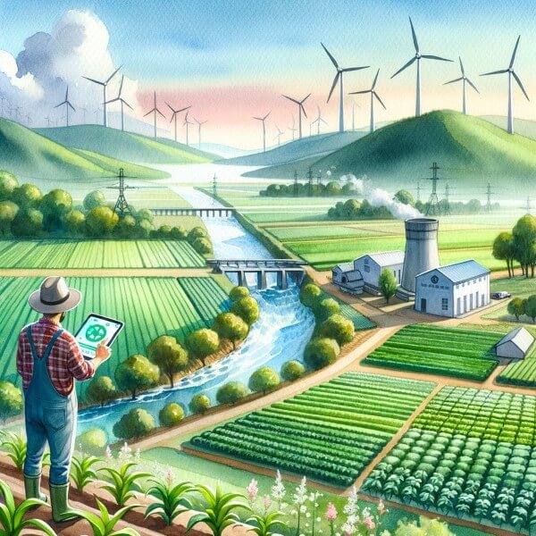 Mann mit Tablet steht vor seinen Feldern im Hintergrund WIndkrafträder