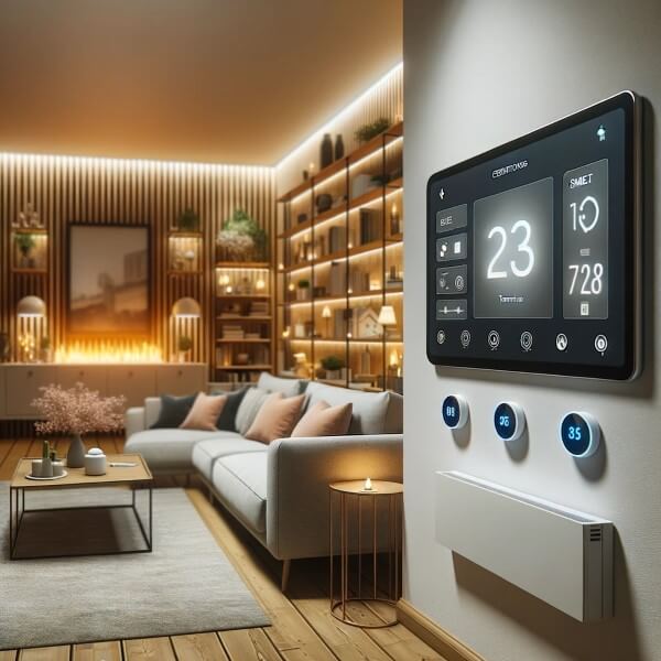 Mit Smart Home Heizen und Kühlen ausgestattetes Wohnzimmer