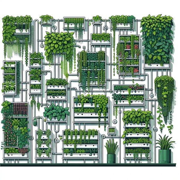 Darstellung von unterschiedlichen vertikalen Gärten nebeneinander