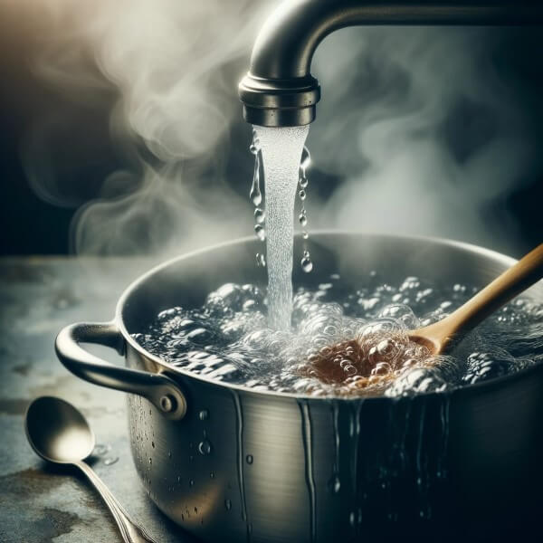Ein Kochtopf in den sparsam Wasser gegossen wird