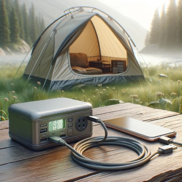 Ein Gerät aus unserem Powerstation Vergleich beim Camping vor einem Zelt
